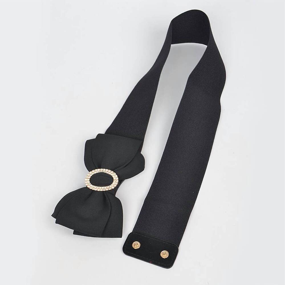 NEW 3AM BY H&D ACCESSORIES women's rhinestone bow buckle stretch belt in black